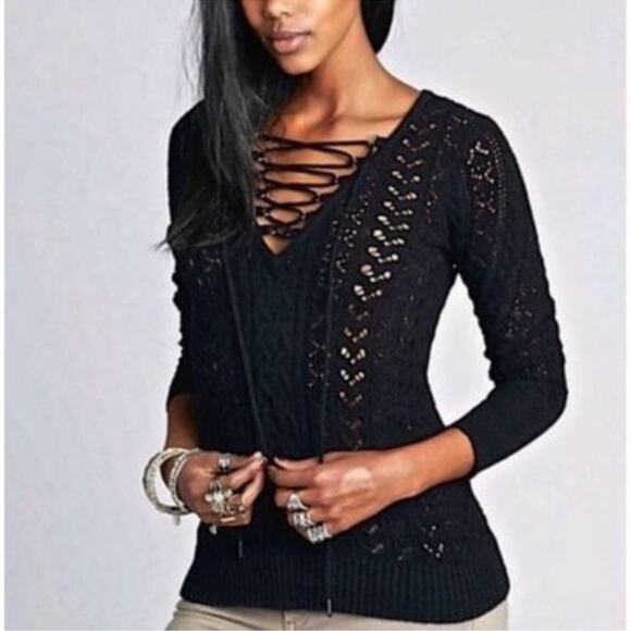 Free People Ginger Lace Up Knit Sweater Goth Whimsigoth Boho Sheer Front Tie - Picture 2 of 10